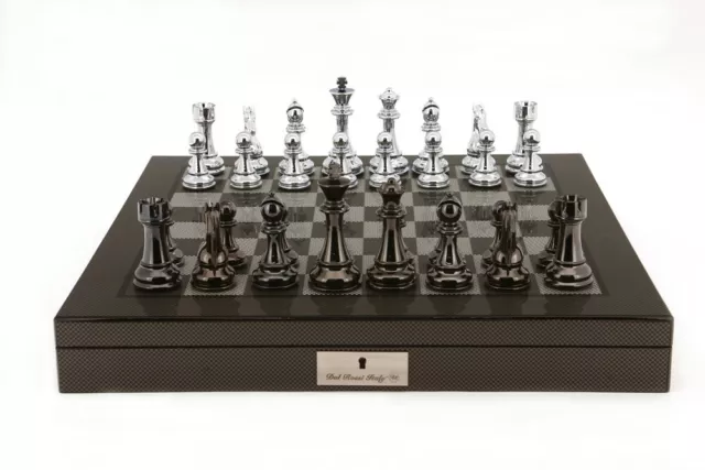 Dal Rossi Chess Set Silver/Titanium  Finish w 50cm Carbon Fibre Finish Board/Box