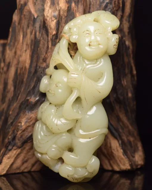 Chinese Exquisite Handmade Children carving Hetian Jade Statue