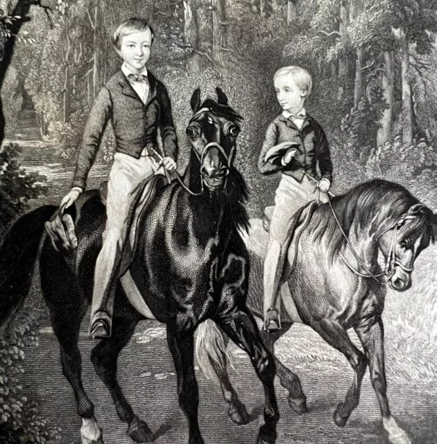 Boys On Horses Riding In Woods Engraving 1859 Victorian Godey Art DWY5G