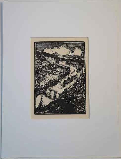 Walter Klemm, "Flusslandschaft", original Holzschnitt von 1930 mit Passepartout