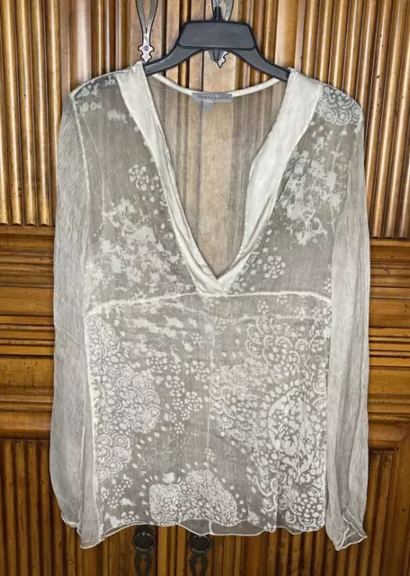 Tempo Paris Womens Top Small Gray Sheer Boho Top Layer Artsy Long Crepe Delicate