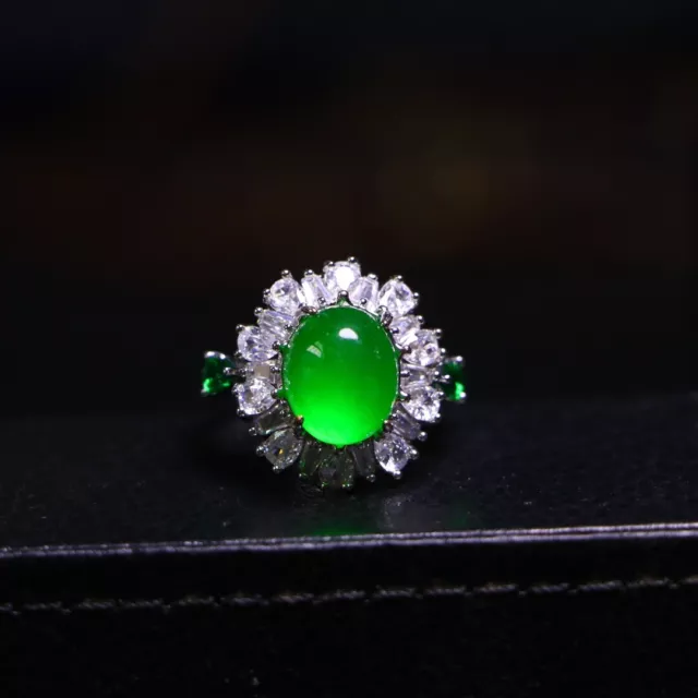 Perfect High Ice Chinese Green Jade Inlaid Gemstones Hand Carving Ring F10