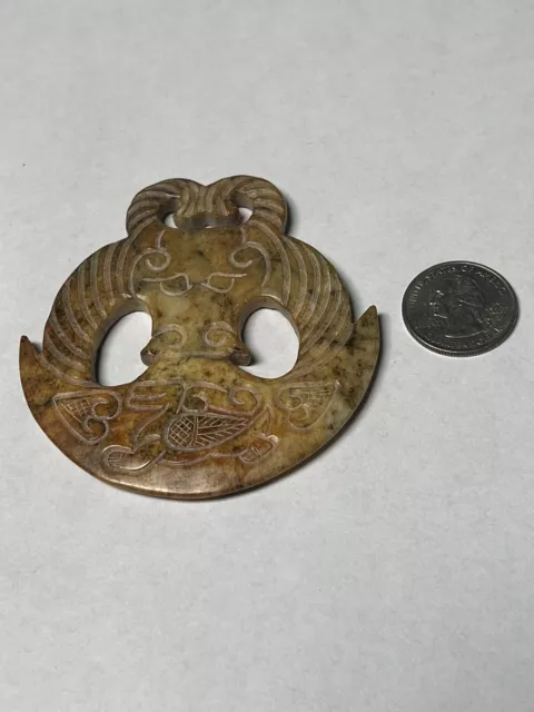 Old Carved Extra  Large Jade Round Disc Amulet Pendant 2