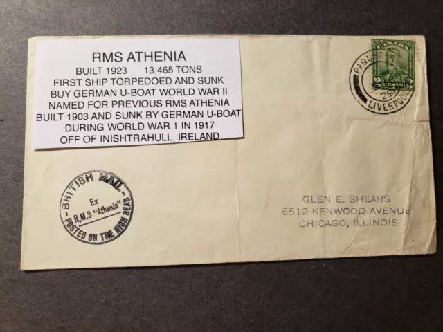 British Ship SS ATHENIA Naval Cover 1929 PAQUEBOT LIVERPOOL, ENGLAND SUNK WWII