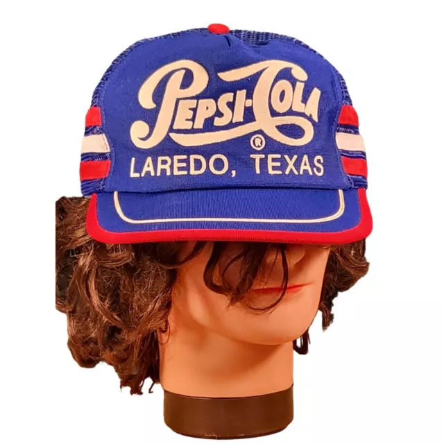 Vintage Pepsi Cola 3 Stripe Snapback Trucker Hat Laredo, Texas Red White Blue 70