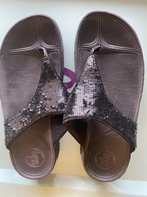 FitFlop Electra Toe Post Thong Sandals Black Sequin Slip On Womens Size 8 shoes 2