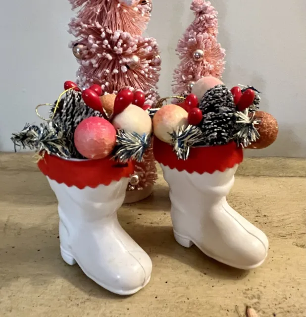 2-VTG JEWELBRITE SANTA Claus Boots Xmas Ornament-Plastic Flocked Fruit ...
