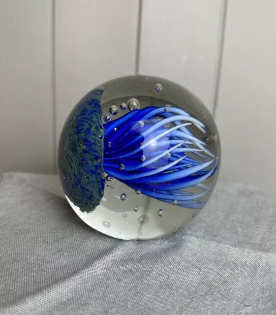 Art Glass Jellyfish Paperweight Large 5” Blue Bubble Sea Creature Hand Blown MCM