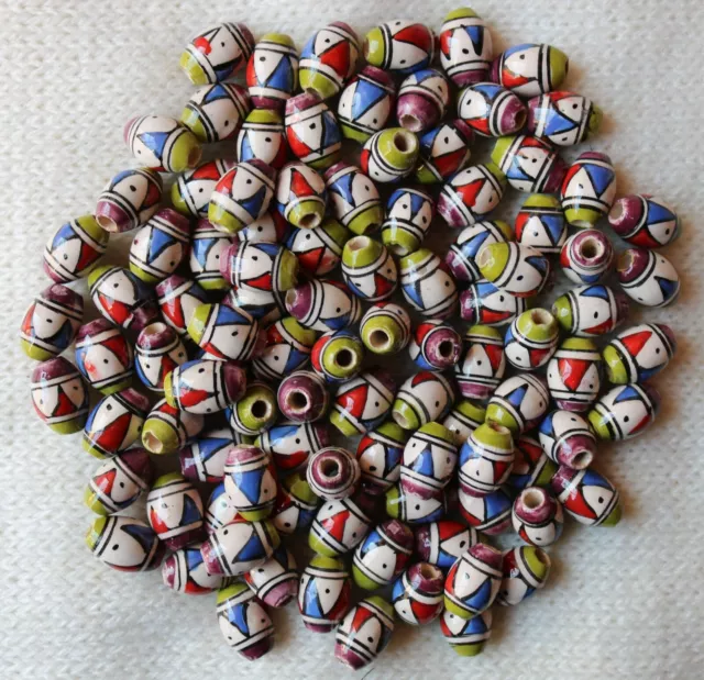 15 Keramik Perlen Peru, 14 mm, grün lila oval Inka Muster, Schmuck Basteln Perle