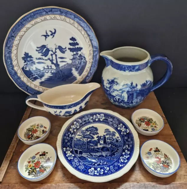 Vintage Blue and White Pottery Jugs Plates Job Lot - Spode Sandland Ware Doulton