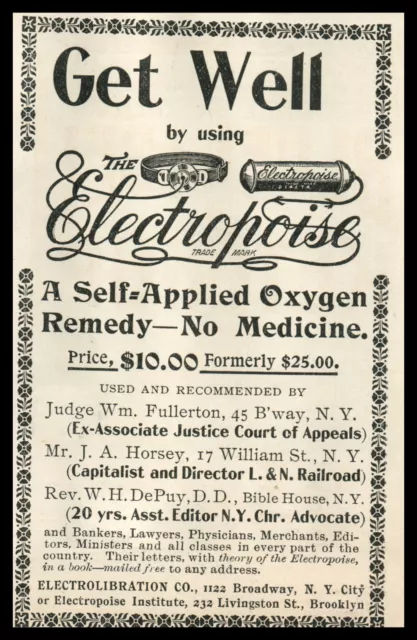 1897 Elecrolibration Electropoise Quack PRINT AD Oxygen Medicine Remedy 8947