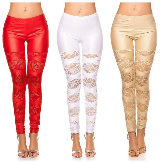 Leggings donna pantaloni pants attillati vita bassa in pelle con strappi pizzo
