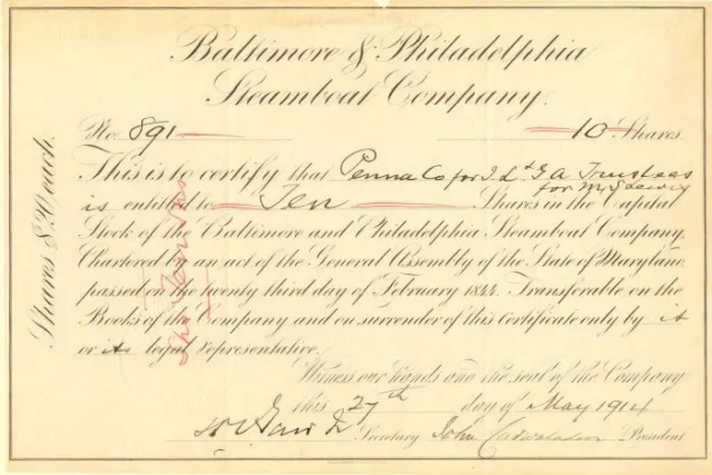 Baltimore and Philadelphia Steamboat Co. - Stock Certificate - Shipping Stocks