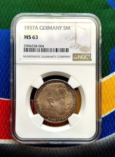 NGC MS 63 1937 A 5 Mark German WW2 Silver Coin Third Reich  Reichsmark