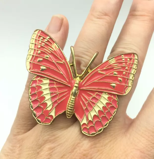 Butterfly Ring Gold Tone Pink Enamel Cocktail Festival Statement UK Size M.5