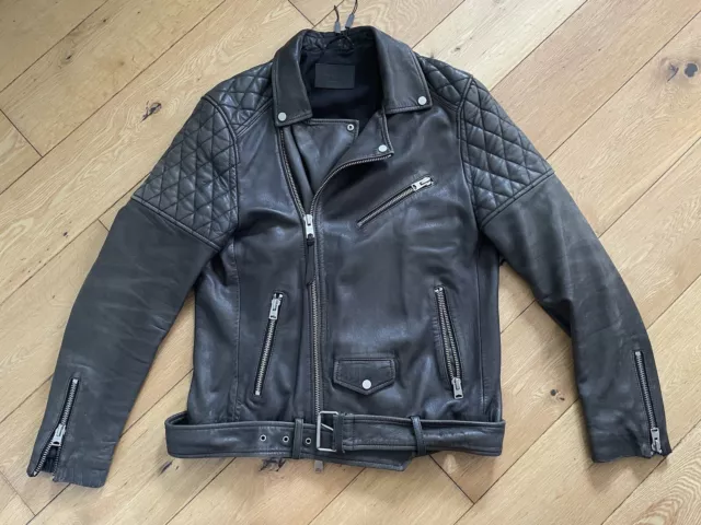 AllSaints Boyson Leather Jacket Men’s Medium Slate Grey Biker Rock Punk