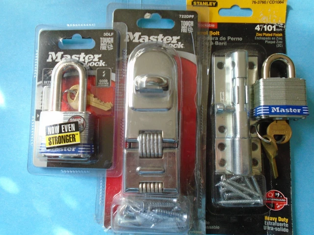 Master Lock # 3 padlocks (2) & heavy duty hasp + Stanley lockable barrel bolt