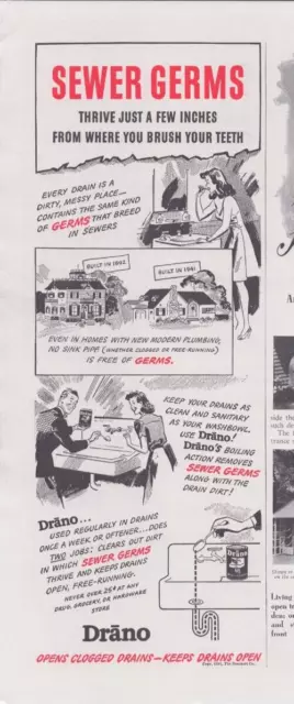 1941 Print Ad  Drano Opens Clogged Drains Sewer Germs Thrive  Illustration