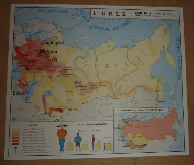 Carte affiche scolaire MDI URSS et CHINE carte population