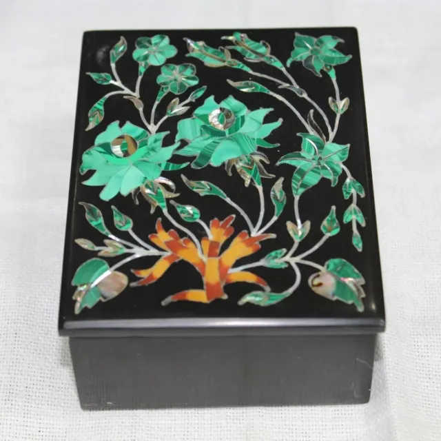 4"x3" Marble Jewelry Box Inlay Pietra dura mosaic Handmade black Art & Crafts