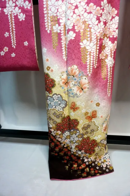 Japanese kimono SILK"FURISODE" long sleeves, Gold, SAKURA, Butterfly,L66"..2014 3