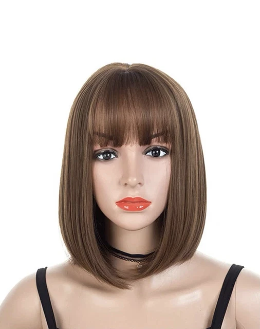 Perruque Synthétique Courte Brune Châtain Avec Frange - Bonnet Moyen, Style Naturel
