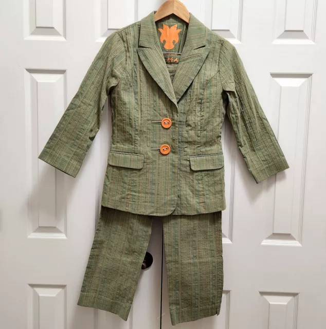 Women's B. Marks Orange & Green Striped 2 PC Jacket Capri Pant Suit Set Sz 6/8