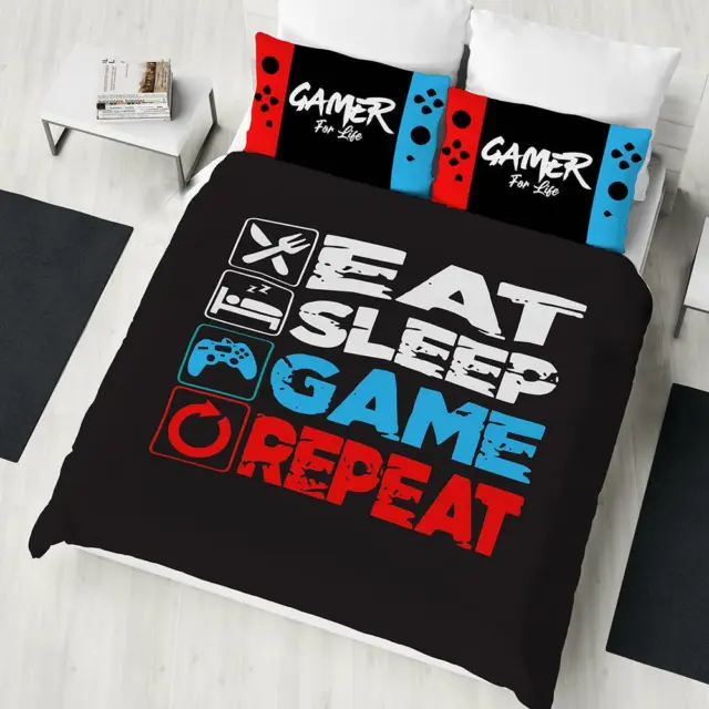 Gamer Vita Doppio Copripiumino e Federa Set Eat Sleep Gioco 2-in-1 Disegni