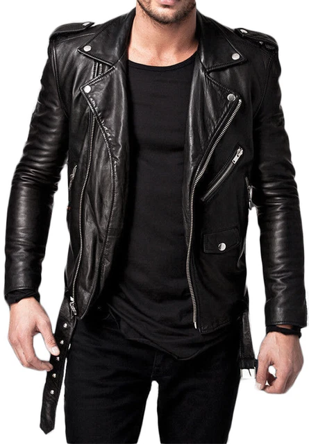 Veste Moto En Cuir D'Agneau Homme Noir Slim Fit Biker - Toutes Tailles - RealSkin