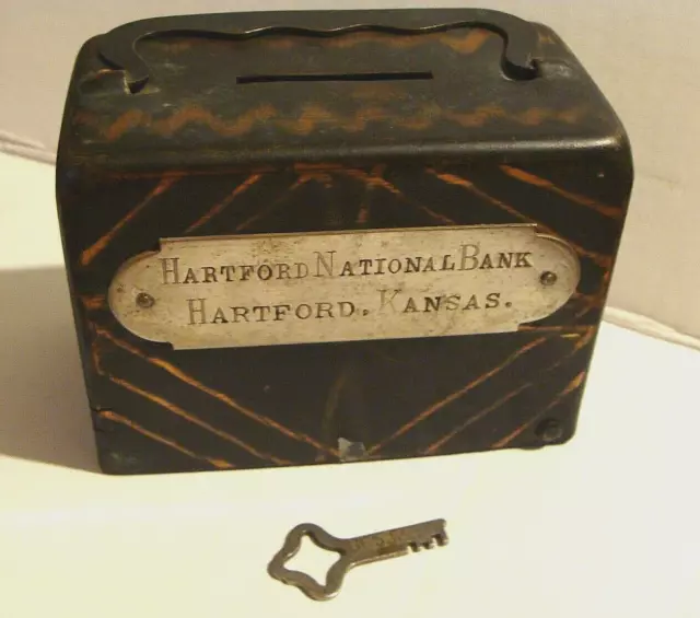 1890s PROMO ADVERTISING HARTFORD NATIONAL BANK HARTFORD, KANSAS COIN BANK w KEY