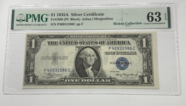 1935A $1 Silver Certificate - PMG 63 PMG - Gem Uncirculated (Fr#1608 PC Block)