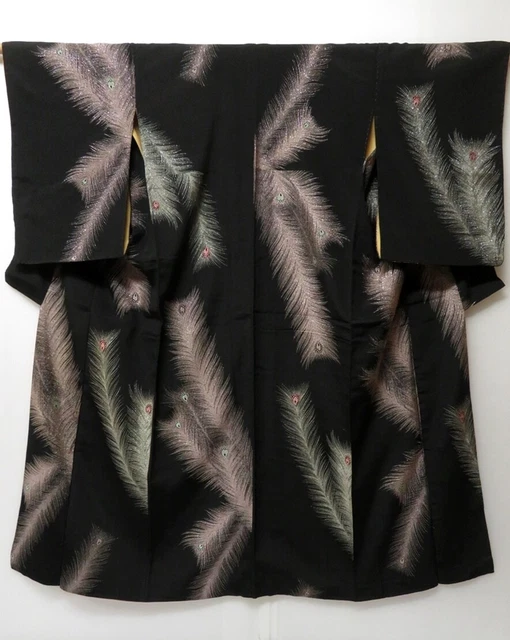 0310H05z910 Vintage Japanese Kimono Silk OMESHI  Black Peacock feather