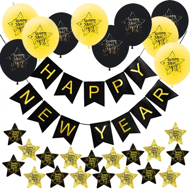 Happy New Year Silvester Neujahr Party Deko Set - Girlande Luftballons Konfetti