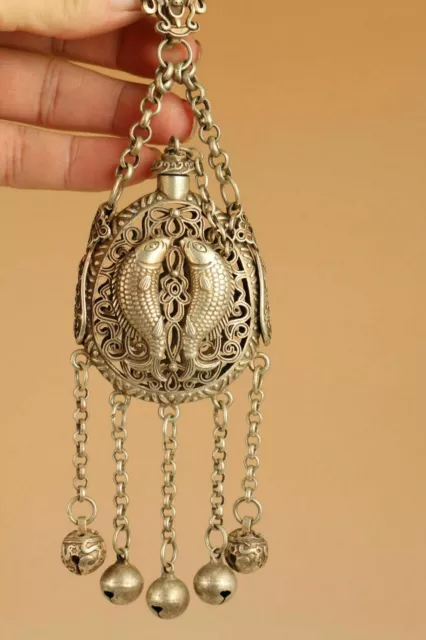 Tibetan Silver Pisces Fish Hollow Out Snuff Bottle Pendant Bell Decorative Old