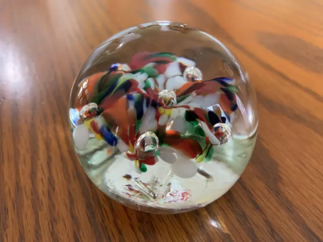 Paperweight Flower Floral Multicolored Art Glass Blowing Bubble Desk Weight