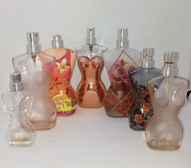Job Lot 7 vintage Gaultier Empty Purfume Bottles Pouch Funnel Coca Cola Bottle