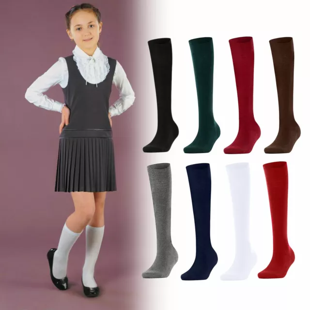Up to 6 Pairs Girls Plain Knee High Cotton School Uniform Stretchy Socks New LOT