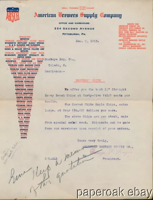 1913 Letter From American Brewers Supply Company Pittsburgh, Pa.