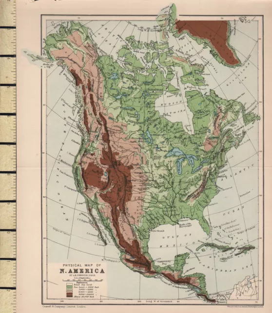 c1880 VICTORIAN MAP ~ NORTH AMERICA PHYSICAL ~