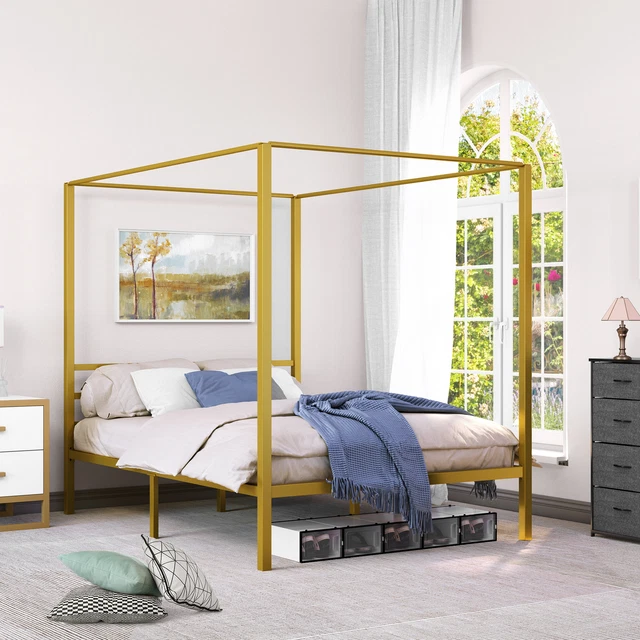 Queen Size Metal Four Poster Canopy Bed Frame 14 Inch Platform King Bed Frame Queen Size Metal Four Poster Canopy Bed Frame 14 Inch Platform King Bed Frame