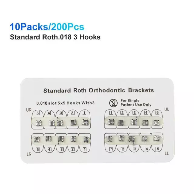 Metal 10Packs/200Pcs Roth.022/018 Dental Brackets Standard 3-Hooks/345-Hooks