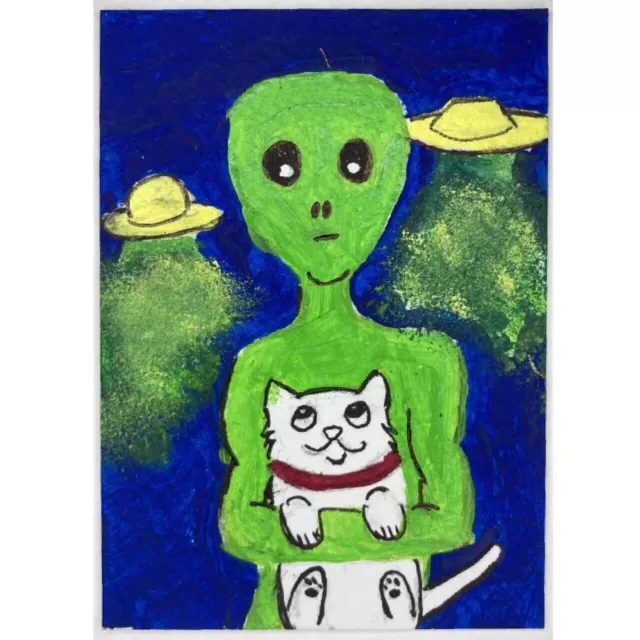 ACEO ORIGINAL PAINTING Mini Collectible Art Card Animal Alien Pet Cat Spaceship