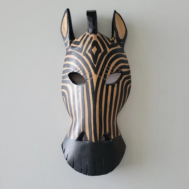 Zebra Mask Head Hand Carved Wood Painted African Tribal Wall Art