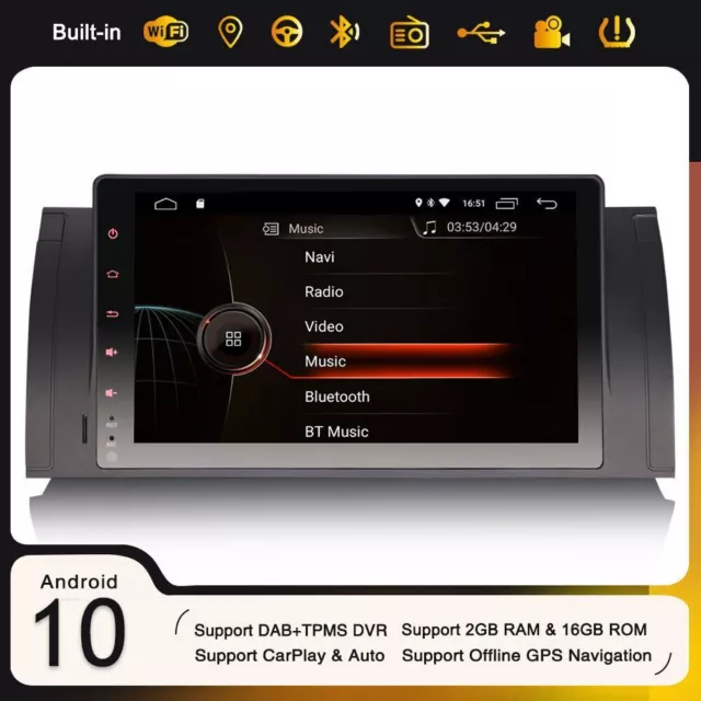 9" Android 10 Autoradio Sat Navi for BMW Série 5 E39 X5 E53 WiFi CarPlay DAB+ 4G