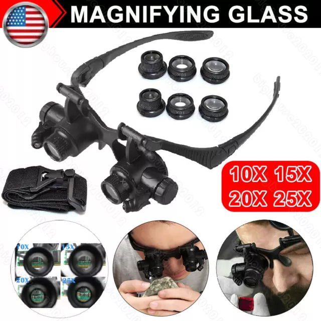 Headband Magnifier Magnifying Glass 8 Lens 2LED Light Loupe Jeweler Watch Repair