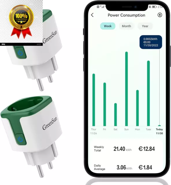 WLAN Alexa 2X Steckdose - 16A Greensun, smart mit Zeitschaltuhr, Energiezähler