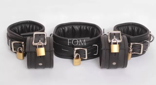 Real Leather Padded Handcuffs Wrist Ankle Cuffs Neck Collar Bondage Set Adult 2