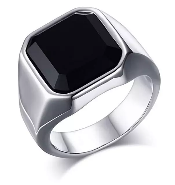 Men's Black Onyx Rings Stainless Steel Square Agate Signet Ring Band Size 7-12