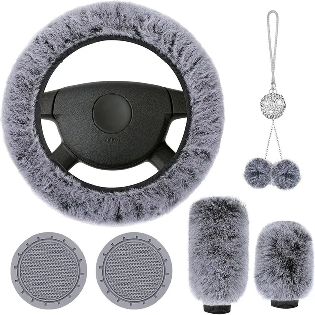 Gray Fluffy Car Steering Wheel Cover and Mat Set Perfect Winter Accessory