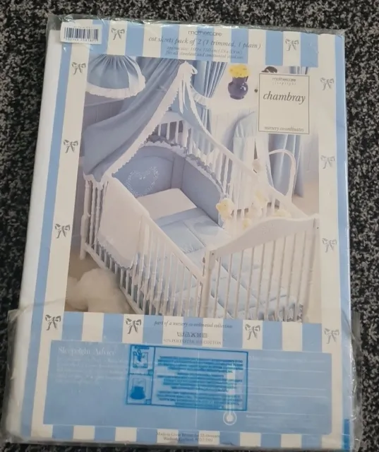 Mothercare Sleeptight Baby Cot Sheets 2 Pack BNIB Lace Trim & Plain White Blue